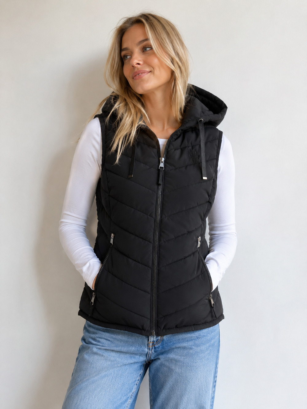 Lauren Ralph Lauren Hooded Stretch Puffer Vest Womens Size Medium Black Preppy